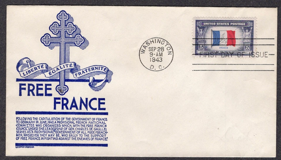 1943 Overrun Countries France (Scott 915) - Blue Anderson  FDC TD753 - Image 1 of 1