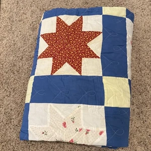 Hand & Machine Eight Point Star Flower Quilt Sewn 100 X 102 Vintage Folk Art - Picture 1 of 14