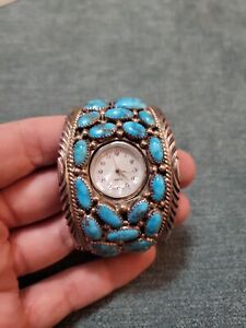 HEAVY! Navajo STERLING SILVER & TURQUOISE WATCH CUFF BRACELET Signed TOMMY MOORE