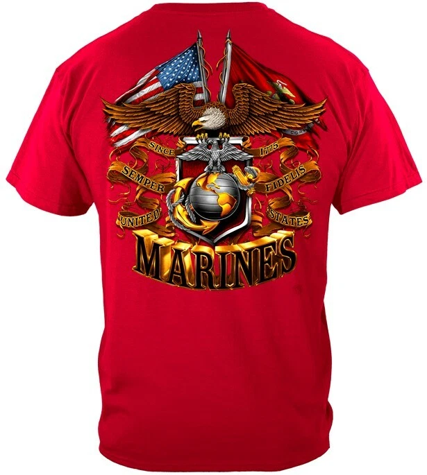 Camiseta vermelha USMC Corpo de Fuzileiros Navais estampa de bandeiras duplas globo bandeira americana - Imagem 1 de 3