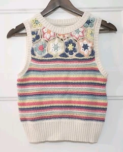American Eagle XS/4 Sleeveless Knit Crochet Boho Sweater Cropped Floral Striped  - Picture 1 of 8