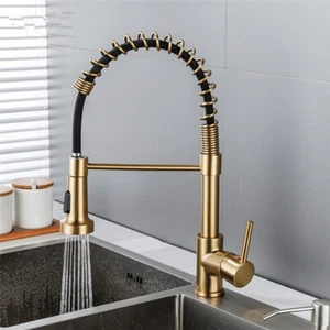 Brushed Gold Spring Kitchen Sink Faucet Pull Down Sprayer Swivel Single Handle - Picture 1 of 9