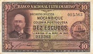 Mozambique 10 Escudos 15.4.1943 P 90 Rare Circulated Banknote AnMx - Picture 1 of 2