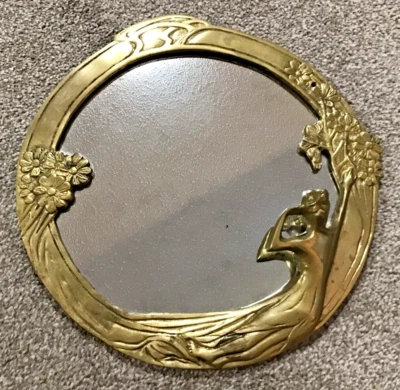 Art nouveau brass lady in the lake looking into mirror 11" - wall hanging — 第 1/4 张图片