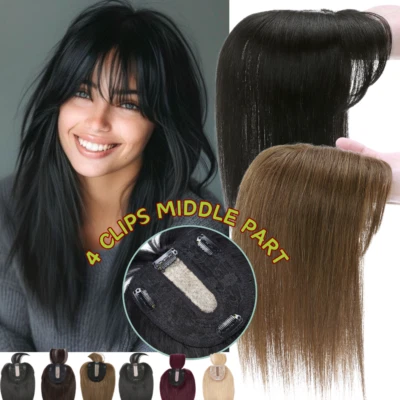 Human Hair Top Toupee 100% Clip In Topper Hairpieces BANGS Mono Silk Base Women - Image 1 of 4