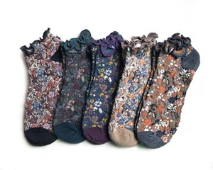 Mujeres Calcetines al tobillo Volantes Puño Giratorio Calcetines Floral Algodón Corte Bajo Calcetines para Mujer - Imagen 1 de 16