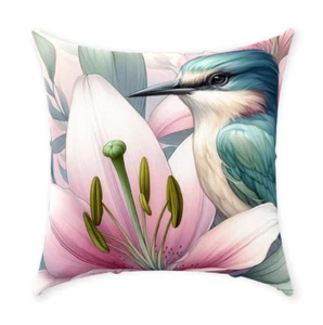 Throw Pillow Case Cushion cover Bird 124 Flowers Pastel pink green Printed USA - Picture 1 of 4
