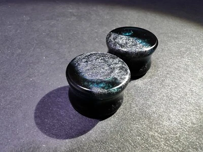Handmade Deep Blue and Silver Resin Plug Earrings 18mm - Image 1 of 4