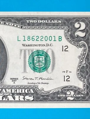 L 1862 2001 B : TRAILING YEAR 2001 $2 Two Dollar Bill Serial Number *UNC* - Image 1 of 3