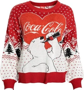 Erwachsene Unisex kultiger Coca-Cola Herz Eisbär hässlicher Weihnachtspullover - Bild 1 von 12