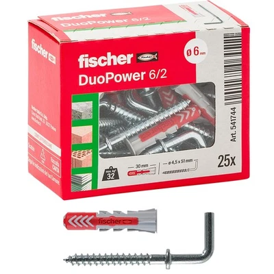 Fischer 25 Tasselli Duopower con Gancio Medio, grigio/rosso, 6 x 30 mm, Universa - Immagine 1 di 4