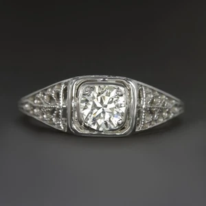 ROUND CUT DIAMOND VINTAGE STYLE ENGAGEMENT RING 1/2 CARAT FILIGREE WHITE GOLD - Picture 1 of 3