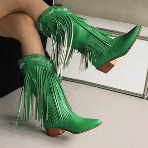 Botas de montar Occidente para mujer de media pantorrilla borlas de vaquero retro bloque tacones bajos - Imagen 1 de 27