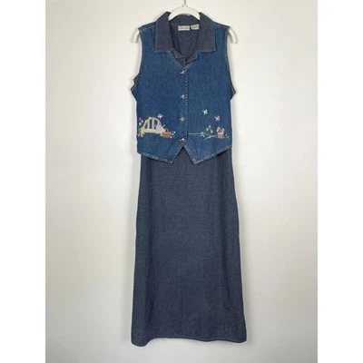Vintage 2-Piece Denim Vest Maxi Dress Size M Gingham Plaid Garden Embroidered - Image 1 of 4