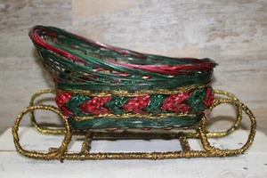 Cesta de mimbre trineo vintage decoración de jardinera navideña roja/verde/dorada 5,5 pulgadas - Imagen 1 de 6