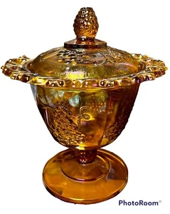 Indiana Glass Harvest Grape Lace Edge Pedestal Iridescent Gold Candy Dish - Picture 1 of 4