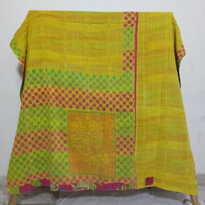 Copriletto Kantha verde floreale vintage indiano fatto a mano trapunta coperta cotone - Foto 1 di 2