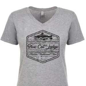 Blue Cat Lodge T-Shirt Fishing Marina Bar Christmas Gift Women's V-Neck - Picture 1 of 11