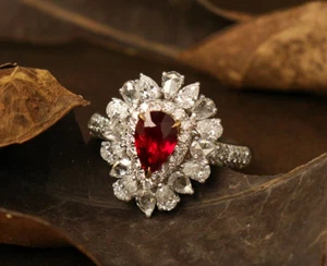 Superb Cluster Pigeon Blood Ruby & Vivid White Cubic Zirconia 935 Silver Ring - Picture 1 of 7