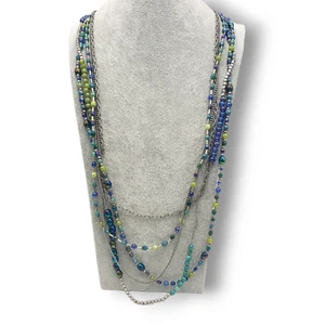 Multi Strand Beaded Chain Layered Necklace Long Silver Tone Green Blue Gray - Picture 1 of 12