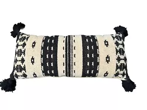 Modern Bohemian Pillow Black & Cream Textured Woven 30” by 15” Black Tassel - Picture 1 of 4