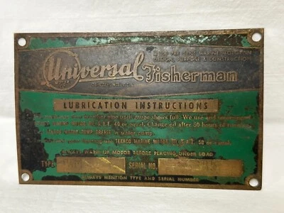 Vintage Universal Motor Co. Fisherman Brass Identification Plaque Foto 1 de 4