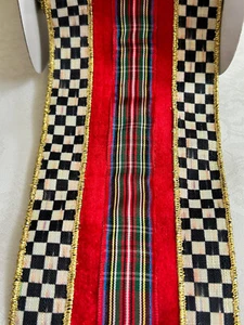 (1 Yard) Mackenzie Childs 4" breit Urlaub Highland Band mit höfischem Karo M22-JA - Bild 1 von 4