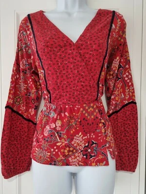 Womens Monsoon Red Floral Crossover Wrap Style Jersey Long Sleeve Boho Blouse 12 - Image 1 of 4