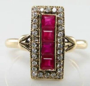 LONG 9K GOLD RUBY DIAMOND HALO COCKTAIL ART DECO INs RING FREE RESIZE 6-8.5 (US) - Picture 1 of 5