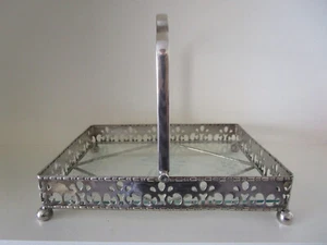 VINTAGE SILVERPLATED RECTANGULAR HANDLED BASKET WITH ETCHED GLASS BASE - Picture 1 of 14