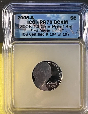 2008-S 14-Coin Proof Set Jefferson Nickel 5c  PR-70 Deep Cameo *PERFECT COIN* Cover