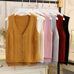 Women Cable Knit Vest Sweater Jumper Waistcoat Sleeveless Cardigan Knitwear - Picture 1 of 15