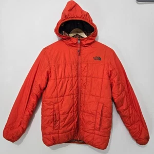 The North Face Boys Reversible Hooded Puffer Jacket Sz L Orange Stripe Full Zip - Picture 1 of 15
