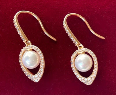 Luxus Perlen Ohrringe Hänger Zirkonia Kristalle 750er Weißgold 18K vergoldet - Bild 1 von 4