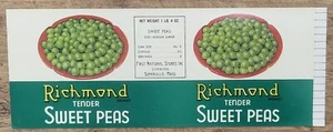 Label Can Richmond Sweet Peas First National Stores Somerville Massachusetts - Picture 1 of 2