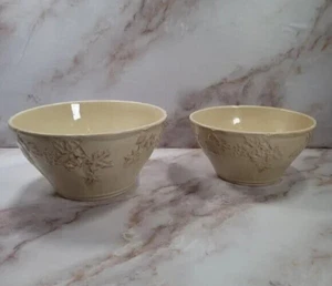 2 Large Ceramic Mixing Serving Bowls Cream Fall Shabby Chic Leaves - Picture 1 of 6