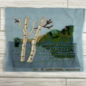 Vintage 1978 Needlepoint Lake Birch Aspen Mountain Landscape Sunset Designs - Picture 1 of 4