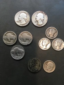 90% silver Lot Quarters, Mercury Dimes, Buffalo Nickels, 1945P War Nickel  - Bild 1 von 8