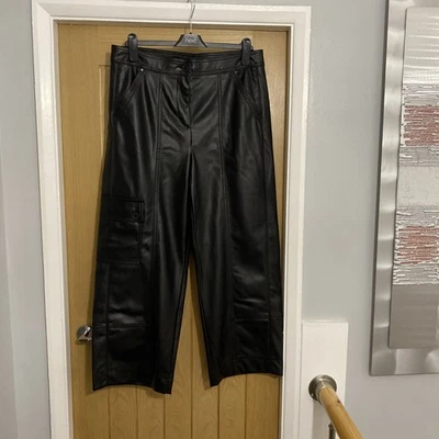 Ladies Worn once Next Black Faux Leather Wide Leg Cropped Trousers Size 14 - Image 1 of 4