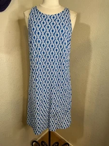 Ann Taylor M Tall Patterned Shift Dress Blue White Sleeveless Retro Office - Picture 1 of 3