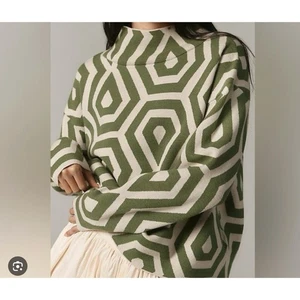 Suéter Anthropologie Maeve Geométrico Cuello Simulado Verde Crema Pequeño Nuevo con Etiquetas - Imagen 1 de 10