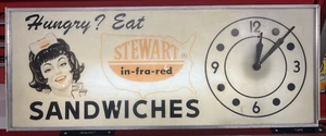 RARE HUNGRY? EAT STEWART IN-FRA-RED SANDWICHES SIGN CLOCK LAMP ELECTRIC - WORKS - Picture 1 of 11