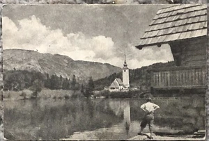 Postcard RRPC 1950's Vintage Bohinj Lake Slovenia Original Man on Pier Old - Picture 1 of 2