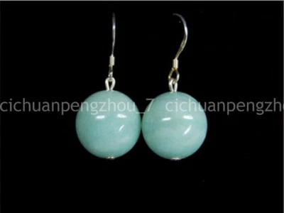 12mm Natural Blue Amazonite Round Gems Beads Dangle Silver Hook Earrings AA - Image 1 of 3