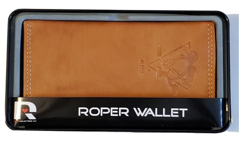 PITTSBURGH PENGUINS GENUINE TAN LEATHER Embossed Roper Wallet Checkbook Cover Cover