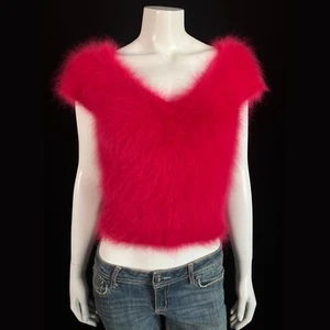 100% Angora Fuzzy Red Hand-knit NWT OOAK V-Neck Pullover Sweater 34" Bust - Picture 1 of 10