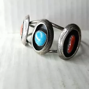 Turquoise Coral Silver 3-Color Stones Cuff Bracelet - Picture 1 of 6