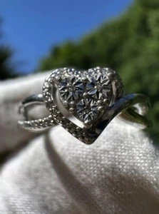 JJ 925 Sterling Silver Heart with Real Diamonds  Illusion Setting Statement Ring - Picture 1 of 10