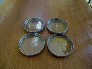 Vintage Sterling Silver Reticulated Etched Star Glass 4 Piece Coaster Set  - Picture 1 of 10