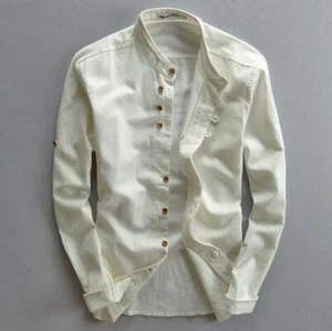 Men's Casual Shirts Linen Mandarin Collar Smart Shirt Long Sleeve Tops M-7XL L - Picture 1 of 14